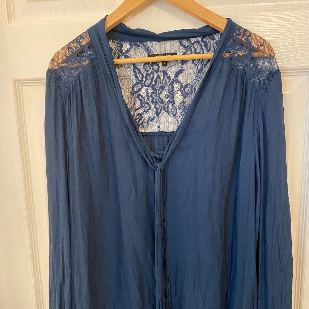 New Look Inspire Long Sleeve Lace Button Up Blouse W/ Pussybow - Blue - US 14